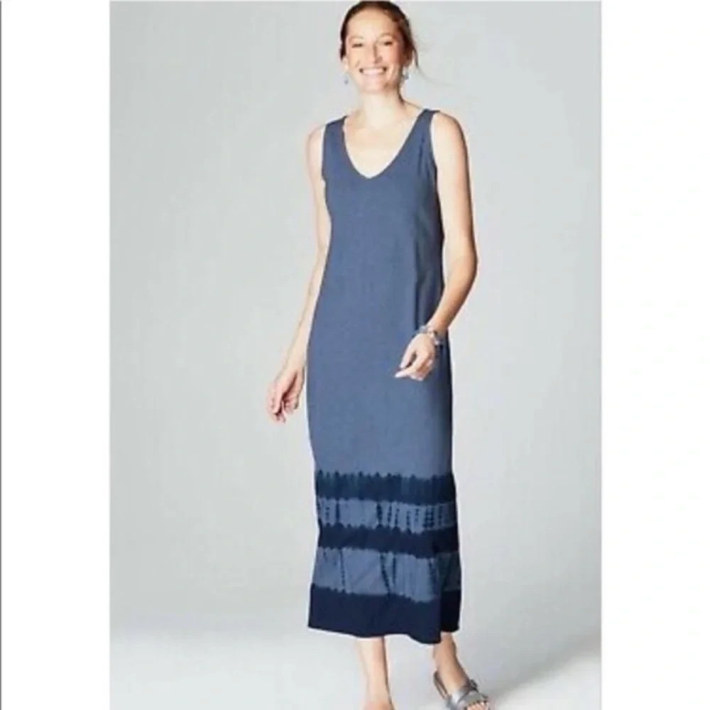 J Jill Dress Womens Large Blue PJ Tie Dyed Maxi Purejill Sleeveless Comfort Boho